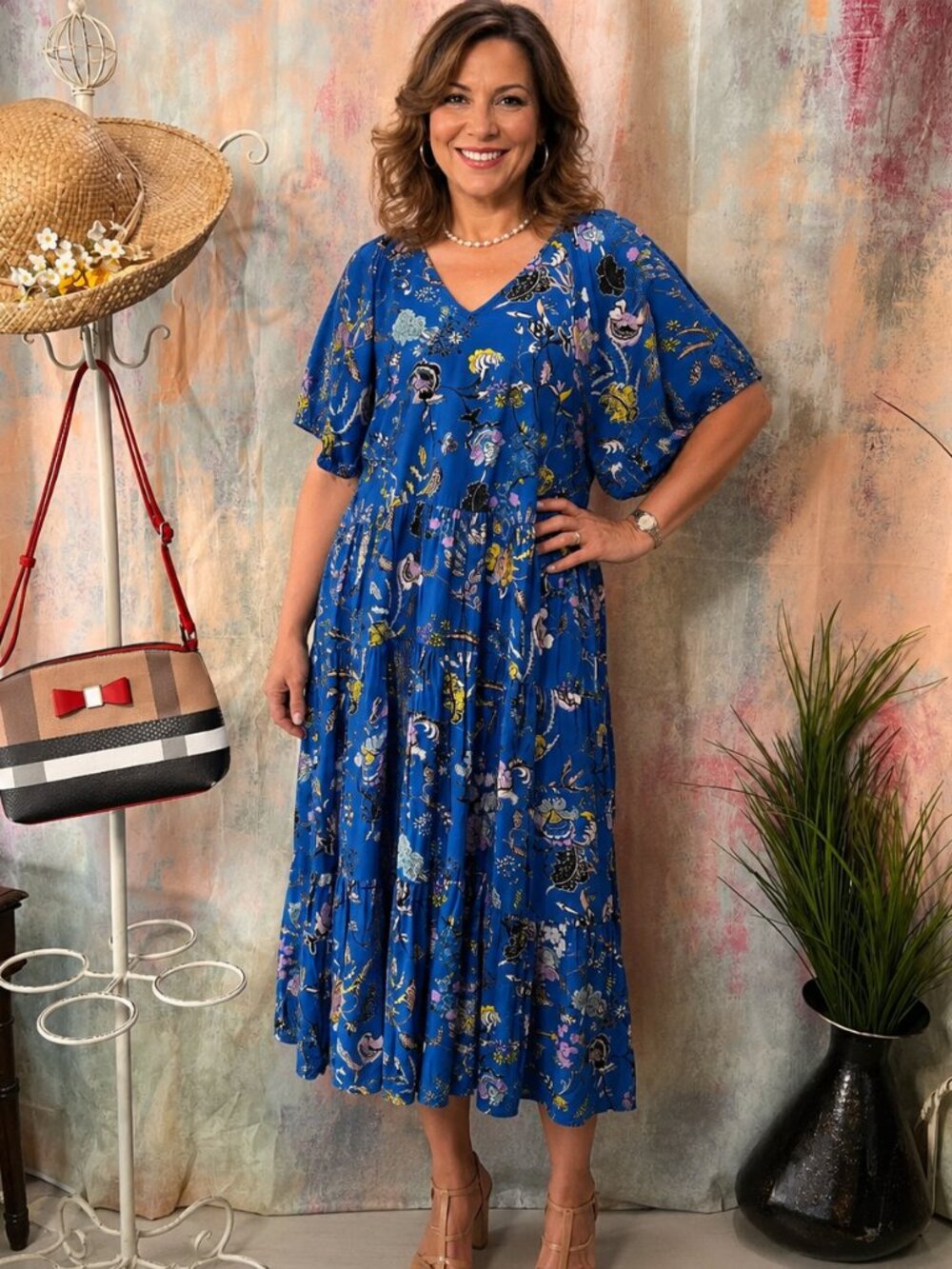 📌C & A  Floral A-Line Cotton Midi Dress with Short Sleeves